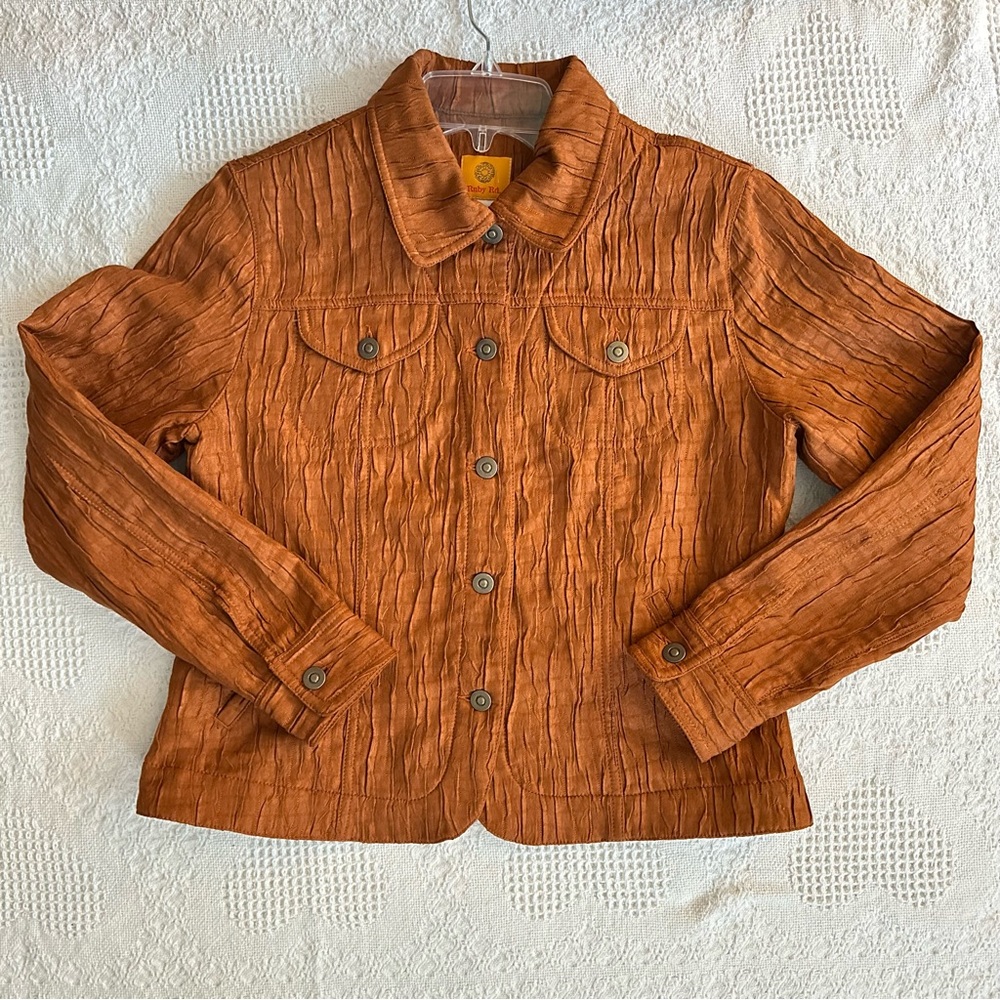 Ruby Rd. Button Down Crinkle Jacket Color Rust / Burnt Orange Size 8 - Picture 5 of 7